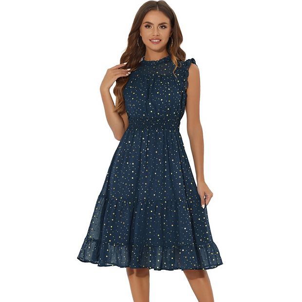 Chiffon Sleeveless Smocked Waist Gilding Metallic Stars Party Dress, Dark Green / S