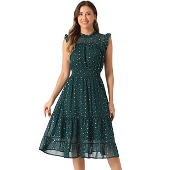 Casual Chiffon Dress for Women's Sleeveless Smocked Waist Gilding Metallic Stars Party Dress