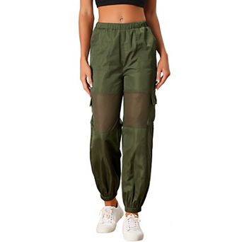 Mesh Panel Pant For Women's High Waist Sheer Sports Elastic Baggy Cargo Pants