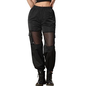 Mesh Panel Pant For Women's High Waist Sheer Sports Elastic Baggy Cargo Pants