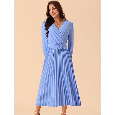 Women's Spring Fall Long Sleeve Wrap V Neck Flowy Ruffle Pleated Midi Dress With Belt