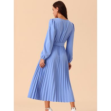 Women's Spring Fall Long Sleeve Wrap V Neck Flowy Ruffle Pleated Midi Dress With Belt