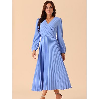 Women's Spring Fall Long Sleeve Wrap V Neck Flowy Ruffle Pleated Midi Dress With Belt