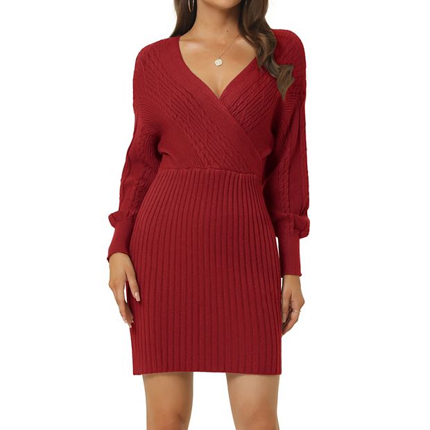 Women s Deep V Neck Wrap Lantern Sleeve Slim Fit Casual Fall Winter Mini Sweater Dress