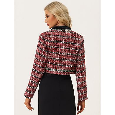 Tweed Cropped Jacket for Women's Stand Collar Double Breasted Office Elegant Plaid Blazer