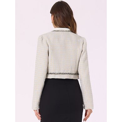 Tweed Cropped Jacket for Women's Stand Collar Double Breasted Office Elegant Plaid Blazer