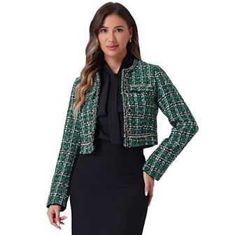 Tweed Cropped Jacket for Women's Stand Collar Double Breasted Office Elegant Plaid Blazer