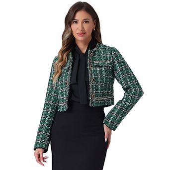 Tweed Cropped Jacket for Women's Stand Collar Double Breasted Office Elegant Plaid Blazer