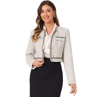 Tweed Cropped Jacket for Women's Stand Collar Double Breasted Office Elegant Plaid Blazer