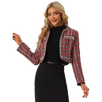 Tweed Cropped Jacket for Women's Stand Collar Double Breasted Office Elegant Plaid Blazer
