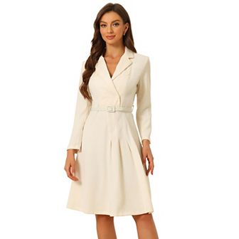 Work Dress For Women Elegant V Neck Collar Belted Pleated Button Blazer Dress