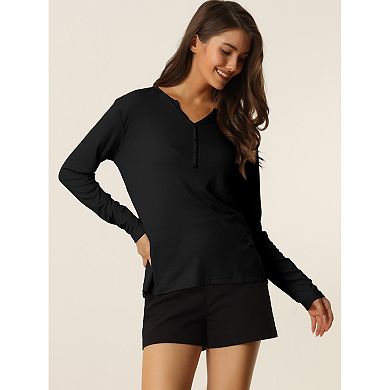 Womens Sleepwear Casual V Neck Ribbed Nightwear Lounge Pullover Long Sleeve Tops