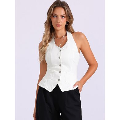 Casual Denim Vest for Women's Halter Neck Button Down Backless Jean Waistcoat