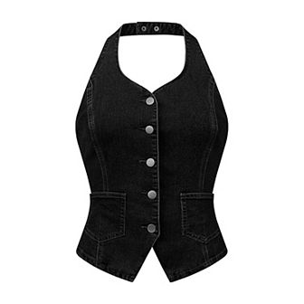 Casual Denim Vest for Women's Halter Neck Button Down Backless Jean Waistcoat