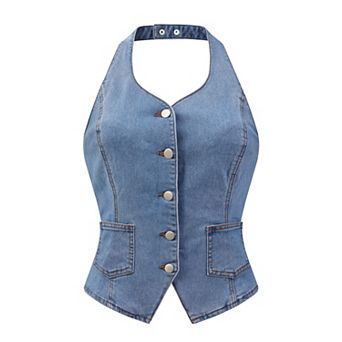 Casual Denim Vest for Women's Halter Neck Button Down Backless Jean Waistcoat