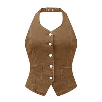 Casual Denim Vest for Women's Halter Neck Button Down Backless Jean Waistcoat
