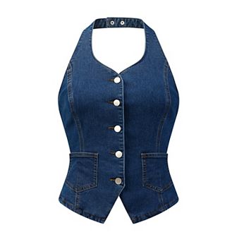 Casual Denim Vest for Women's Halter Neck Button Down Backless Jean Waistcoat