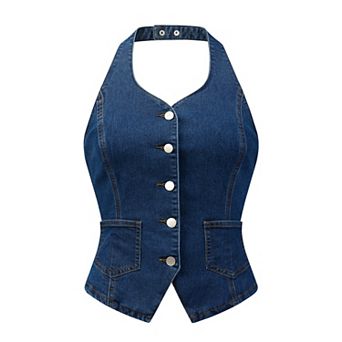 Casual Denim Vest for Women's Halter Neck Button Down Backless Jean Waistcoat