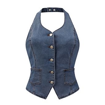 Casual Denim Vest for Women's Halter Neck Button Down Backless Jean Waistcoat