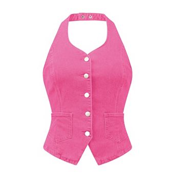 Casual Denim Vest For Women's Halter Neck Button Down Backless Jean Waistcoat