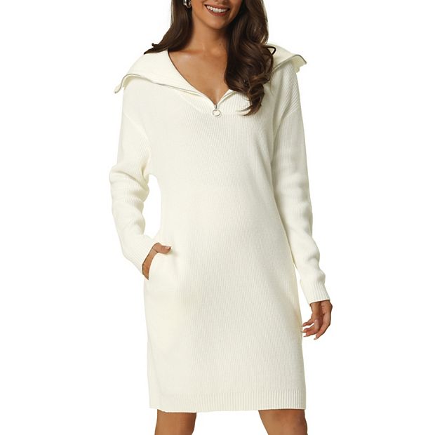 Inspire Chic Women's Zipper V Neck Long Sleeve Slim Fit Casual Midi Sweater Dress