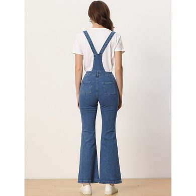 Casual Denim Jumpsuits For Women's V Neck Zip Up Bell Bottom Overall Jeans Pants