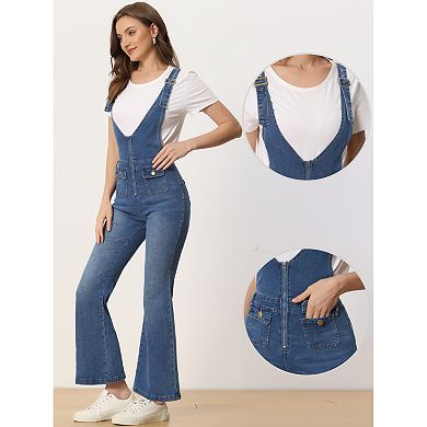 Casual Denim Jumpsuits For Women's V Neck Zip Up Bell Bottom Overall Jeans Pants