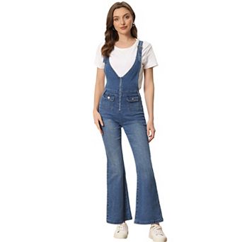 Casual Denim Jumpsuits For Women's V Neck Zip Up Bell Bottom Overall Jeans Pants