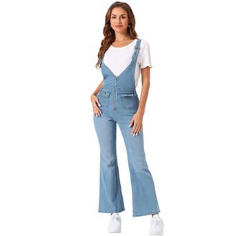 Casual Denim Jumpsuits For Women's V Neck Zip Up Bell Bottom Overall Jeans Pants