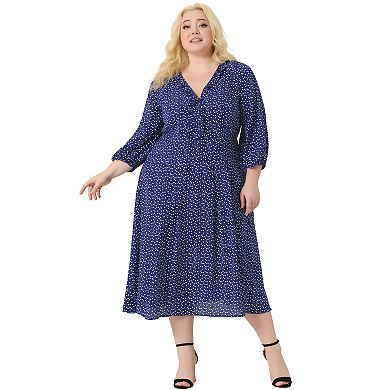 Plus Size Dress For Women Casual Elbow Sleeve Sweetheart Print Midi Ruffle Dresses