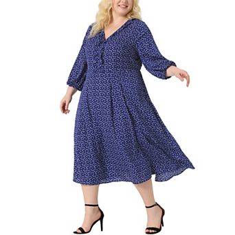 Plus Size Dress for Women Casual Elbow Sleeve Sweetheart Print Midi Ruffle Dresses