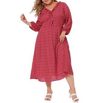 Plus Size Dress for Women Casual Elbow Sleeve Sweetheart Print Midi Ruffle Dresses
