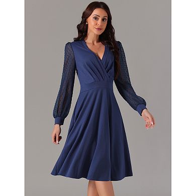 Women's Spring Fall V-Neck Wrap Swiss Dots Lantern Sleeve Midi Swing Dress