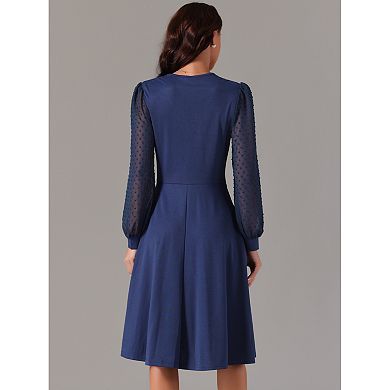 Women's Spring Fall V-Neck Wrap Swiss Dots Lantern Sleeve Midi Swing Dress