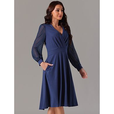Women's Spring Fall V-Neck Wrap Swiss Dots Lantern Sleeve Midi Swing Dress
