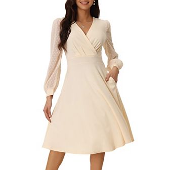 Women's Spring Fall V-Neck Wrap Swiss Dots Lantern Sleeve Midi Swing Dress