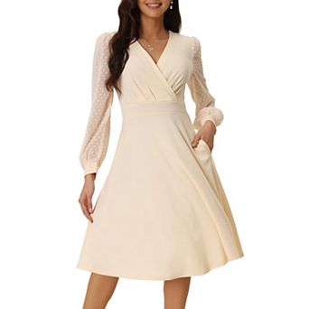 Women's Spring Fall V-Neck Wrap Swiss Dots Lantern Sleeve Midi Swing Dress