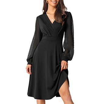 Women's Spring Fall V-Neck Wrap Swiss Dots Lantern Sleeve Midi Swing Dress