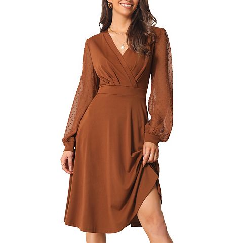 Женские платья Spring Women's Spring Fall V-Neck Wrap Swiss Dots Lantern Sleeve Midi Swing Dress