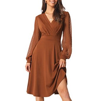 Women's Spring Fall V-Neck Wrap Swiss Dots Lantern Sleeve Midi Swing Dress