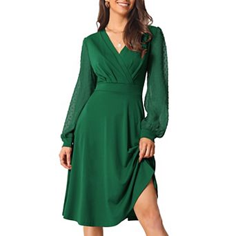 Women's Spring Fall V-Neck Wrap Swiss Dots Lantern Sleeve Midi Swing Dress