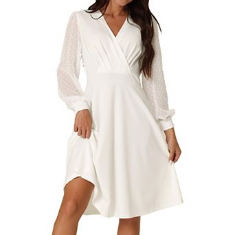 Women's Spring Fall V-Neck Wrap Swiss Dots Lantern Sleeve Midi Swing Dress