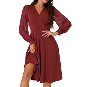 Women's Spring Fall V-Neck Wrap Swiss Dots Lantern Sleeve Midi Swing Dress