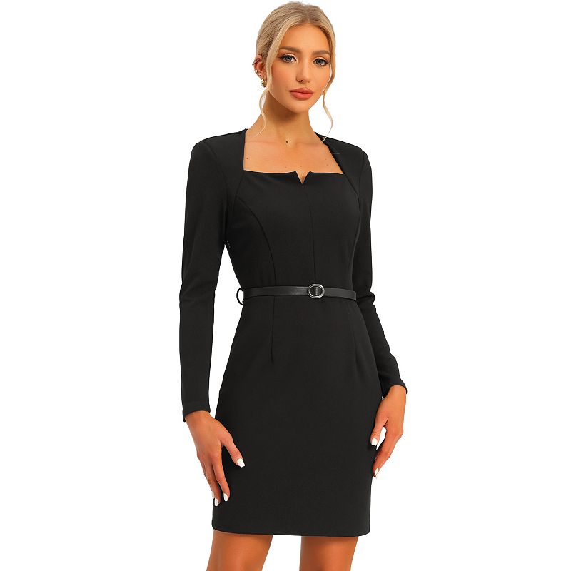 bodycon dress office Elegant Square Neck Belted Pencil Dress, Black / M Size:US 6 / EU 37 custom kids clothes Reclaimed Vintage midi summer Low MOQ