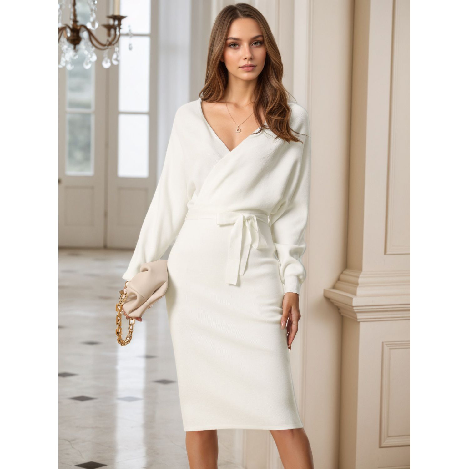 knee length dresses for ladies Sweater Midi Wrap Dress Black / S main image 1