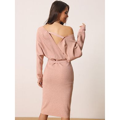 Women's Deep V Neck Wrap Lantern Sleeve Belted Mini Sweater Dress