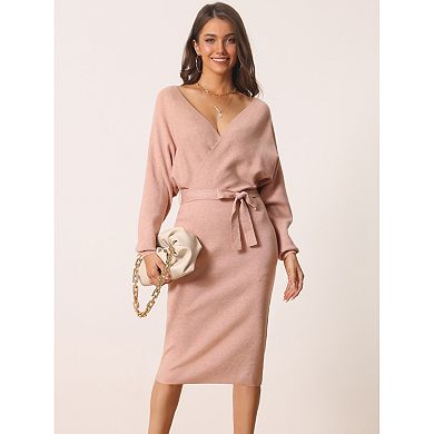 Women's Deep V Neck Wrap Lantern Sleeve Belted Mini Sweater Dress