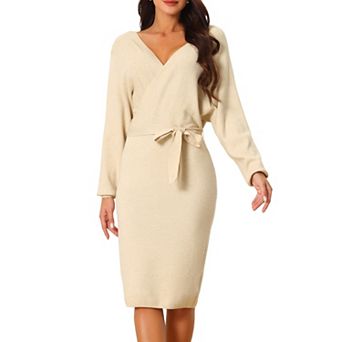 Women's Deep V Neck Wrap Lantern Sleeve Belted Mini Sweater Dress