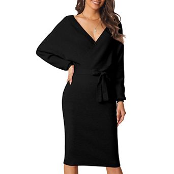 Women's Deep V Neck Wrap Lantern Sleeve Belted Mini Sweater Dress