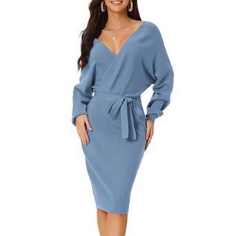 Women's Deep V Neck Wrap Lantern Sleeve Belted Mini Sweater Dress